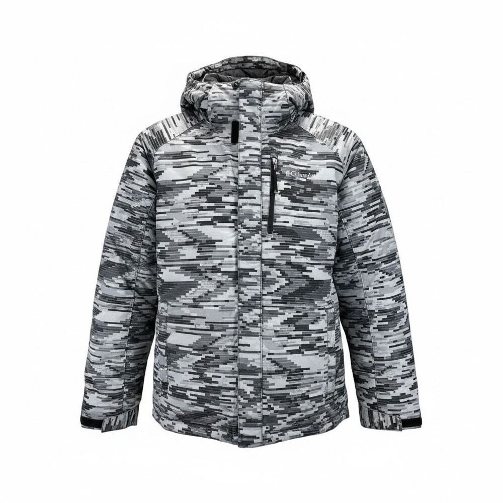 Columbia Youth L Insulated Jacket Gray Black Digital Camo Hooded Puffer Coat
